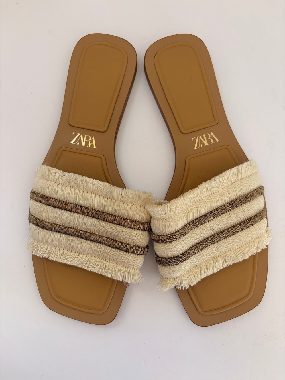 Zara Cream And Tan Fringed Slide Sandals View 2